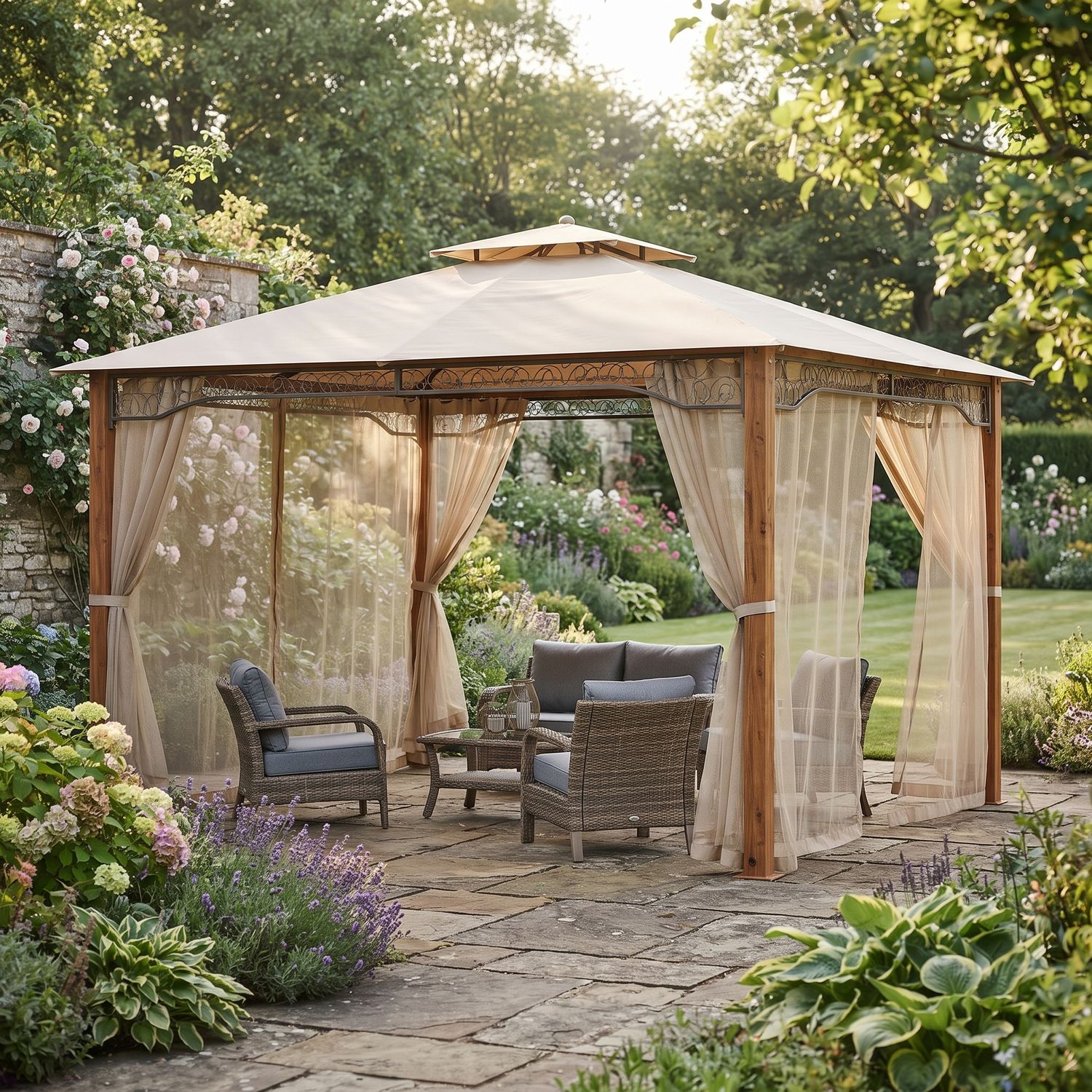 Costway 12 x 10 Ft Outdoor Patio Gazebo with 2-Tier Vented Canopy Roof, Full-Surround Mesh Netting and 16 Ground Stakes, Beige (NP11861BE)