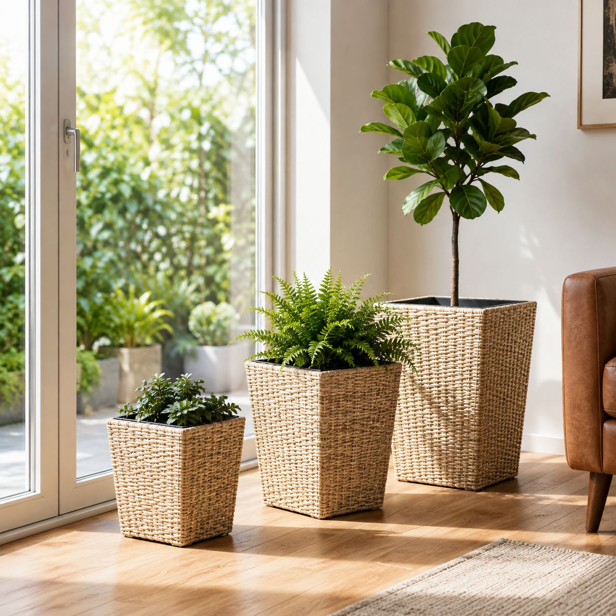 Costway 3-Piece Rattan Planter Box Kit with Removable Plastic Liners, Reinforced Metal Frame, Stackable Design, Natural &amp; Black (HZ10647BE)