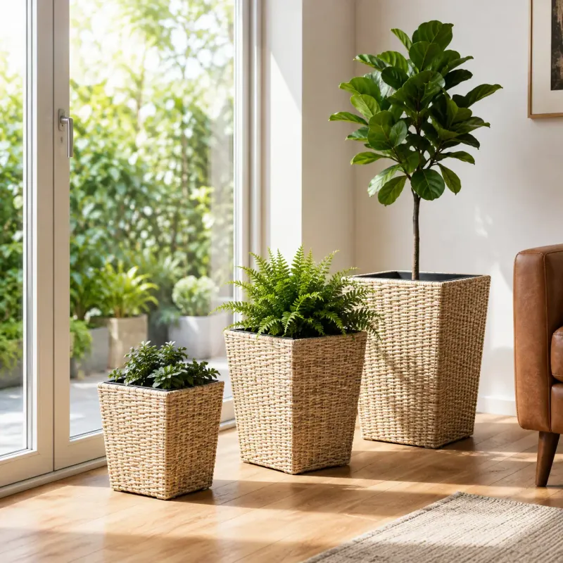 Costway 3-Piece Rattan Planter Box Kit with Removable Plastic Liners, Reinforced Metal Frame, Stackable Design, Natural &amp; Black (HZ10647BE)