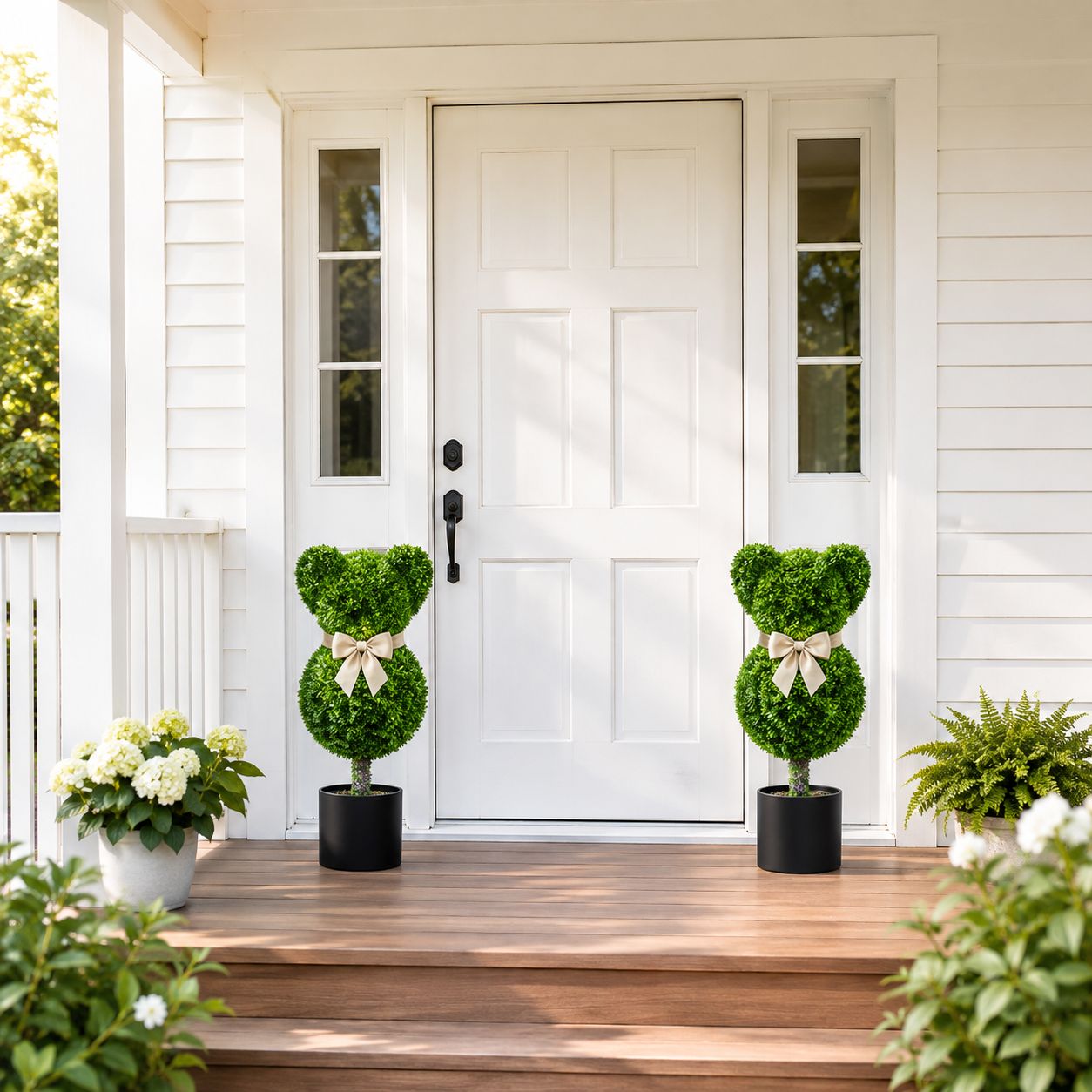 Costway 2-Piece Bear Topiary Trees with Pots, Sun-Resistant Bear-Shaped Boxwood Faux Plants, Fade &amp; Snow-Resistant, Green + Golden (HZ10527-2)