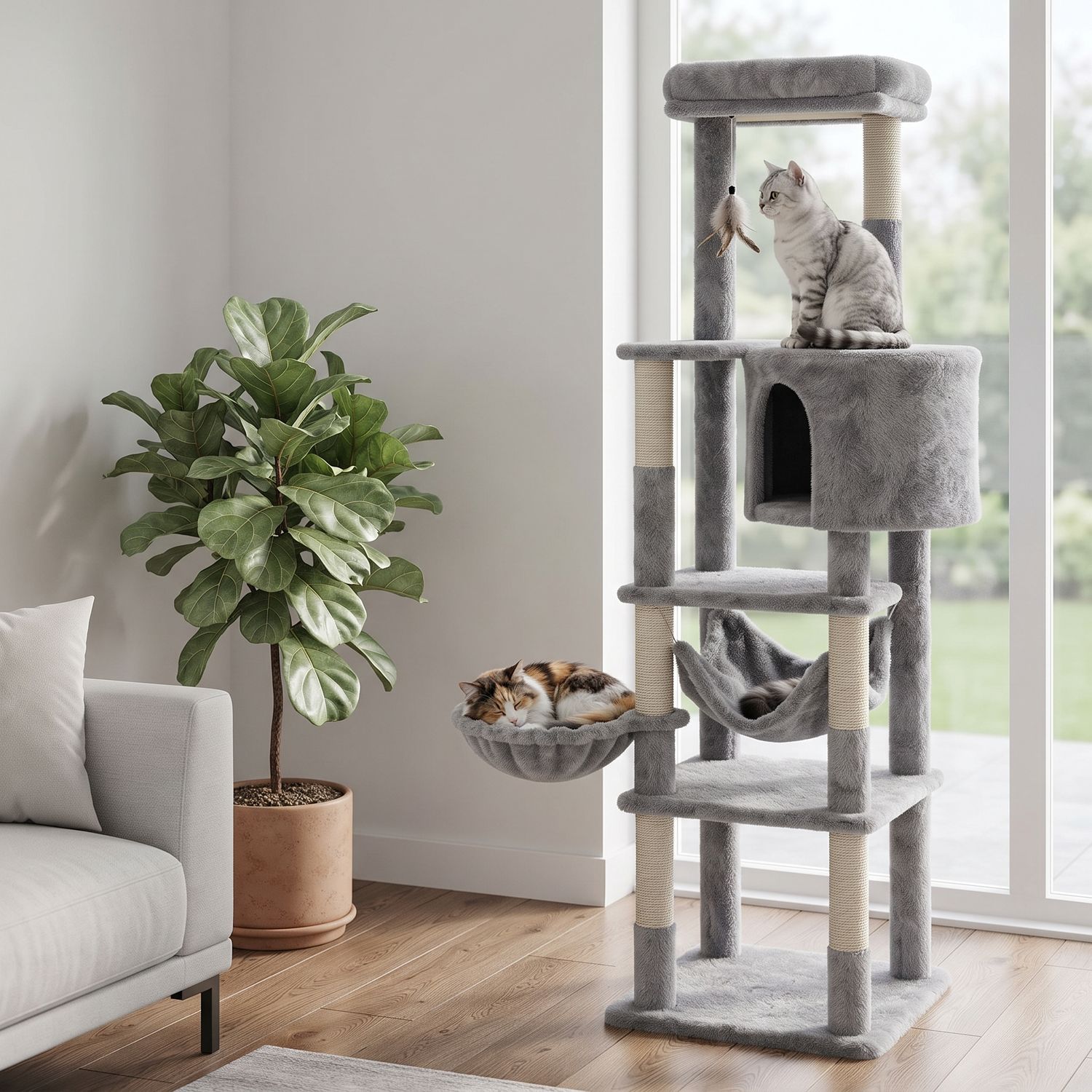 Costway 69-Inch Multi-Level Cat Tree with Top Perch, Cozy Condo, Hammock and Sisal Scratching Posts, Gray (PV10261)