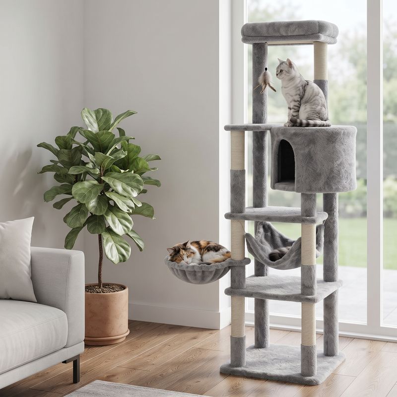 Costway 69-Inch Multi-Level Cat Tree with Top Perch, Cozy Condo, Hammock and Sisal Scratching Posts, Gray (PV10261)
