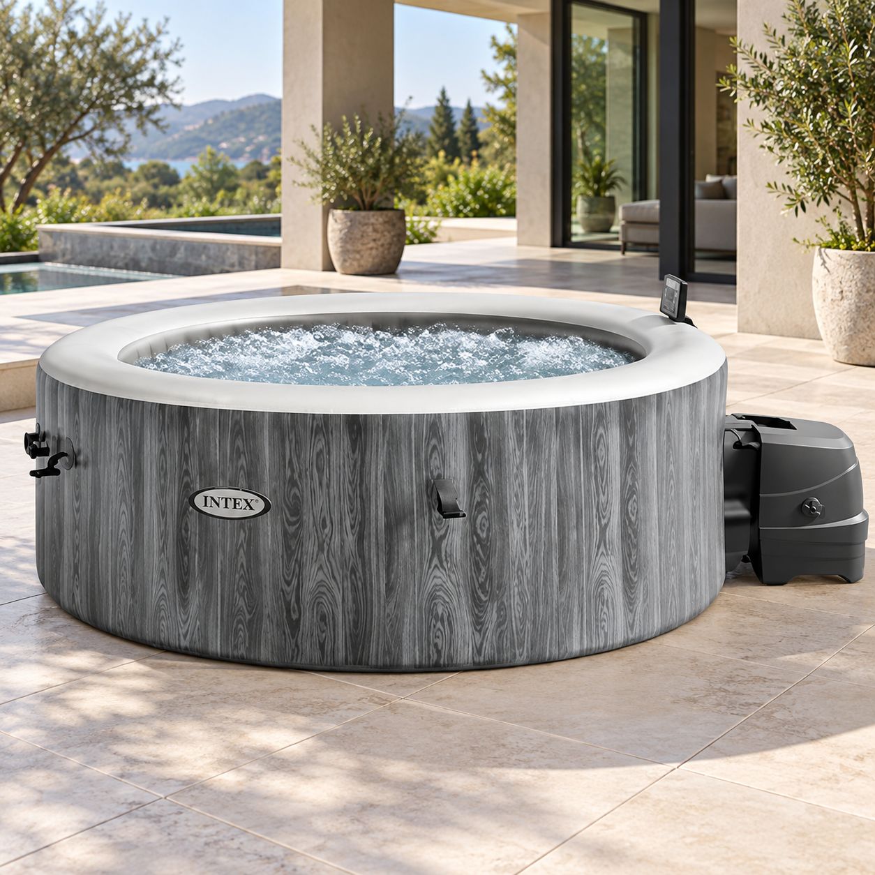 INTEX PureSpa Greywood Deluxe 4-Person Round Inflatable Hot Tub, 140 Bubble Jets, Wireless Touch Control, Hard-Water Treatment System, Energy-Efficient Cover and Gray Wood-Look Finish   28439EH
