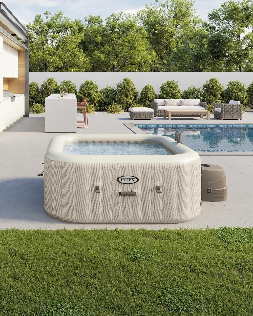 INTEX PureSpa Chevron Deluxe 4-Person Square Inflatable Hot Tub, 210-Gal Capacity, 140 Bubble Jets, FastFill System, Wireless Control Panel and App Connectivity   28445EH
