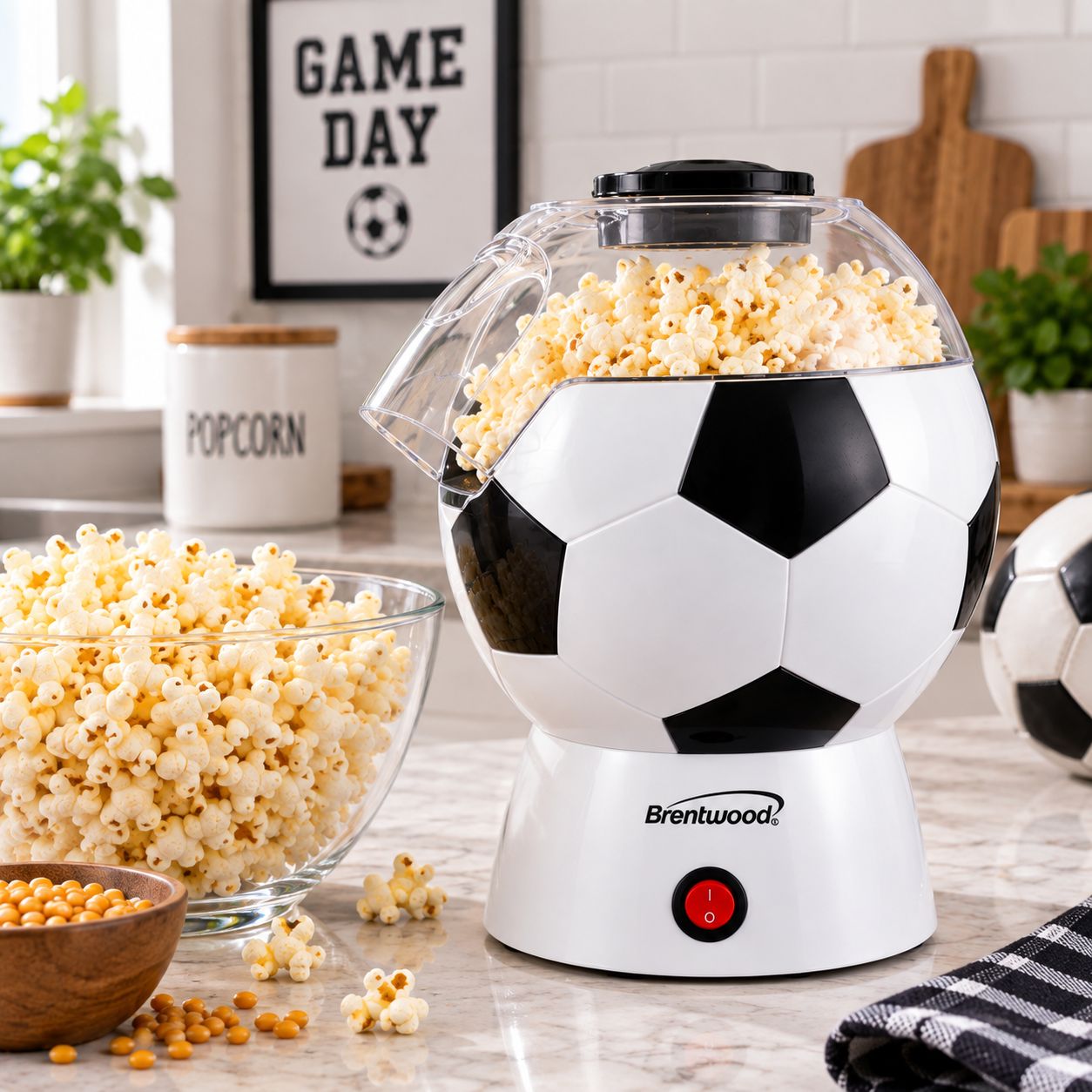 BRENTWOOD SOCCER BALL 8-CUP HOT AIR POPCORN MAKER, OIL-FREE 1200W POPPER WITH SOCCER BALL SERVING BOWL, BUTTER MELTING TRAY AND CORD STORAGE – PC-482