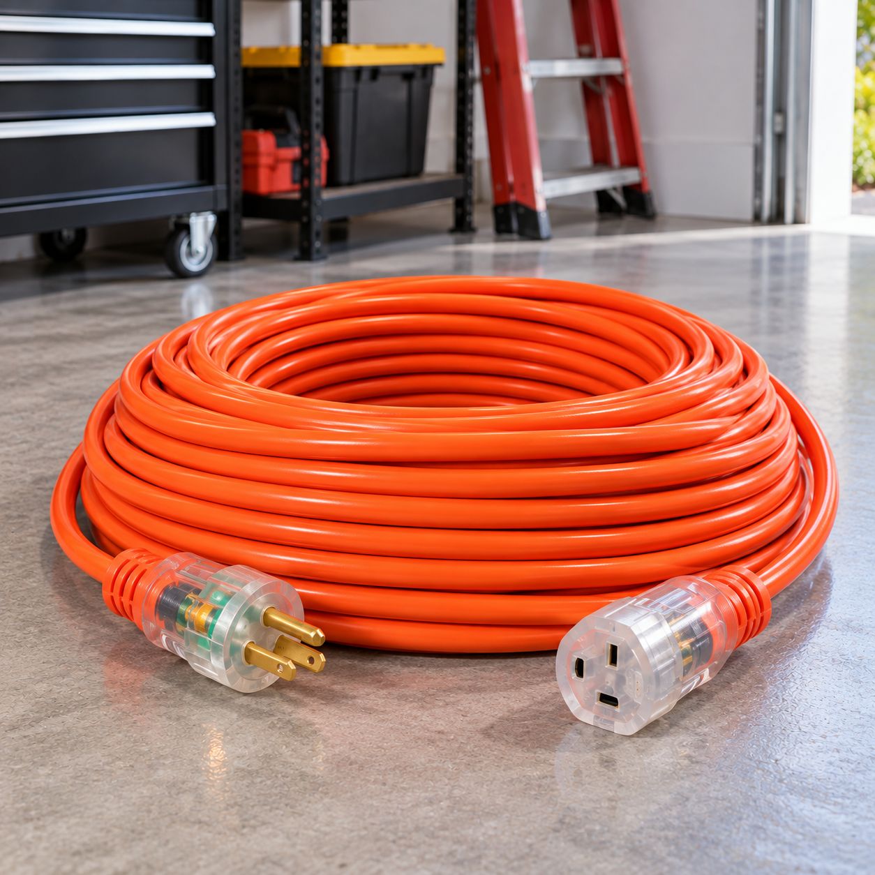 LUDGER / NIPPON AMERICA 100 FT HEAVY-DUTY EXTENSION CORD WITH POWER INDICATOR, 14 AWG, 13A, 1625W, ORANGE – EX-OD314-100ORG