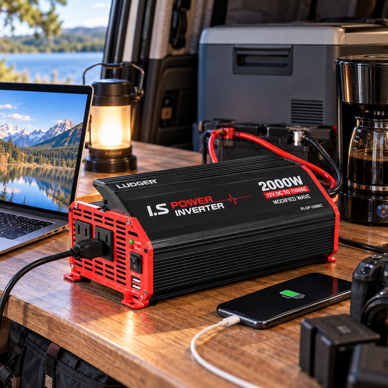 PIPEMAN’S / LUDGER 12V DC TO 110–120V AC MODIFIED SINE WAVE POWER INVERTER, 1000W CONTINUOUS / 2000W SURGE – PI-DP-2000C