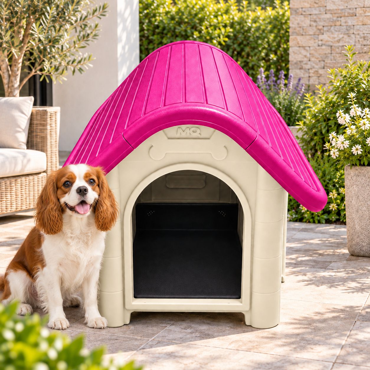 MQ Small/Medium Dog House with Removable Floor, Ventilation and Food Bowl, 55-Lb Capacity, Magenta/Beige (600-MAG)