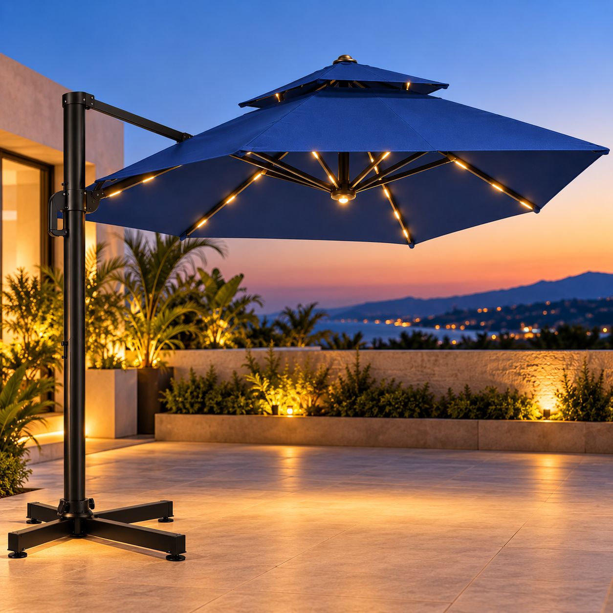 COSTWAY 8.2 FT SQUARE SOLAR LED CANTILEVER PATIO UMBRELLA WITH 360° ROTATION, 32 LED LIGHTS, WEIGHTED SANDBAG BASE, NAVY — NP13212NY