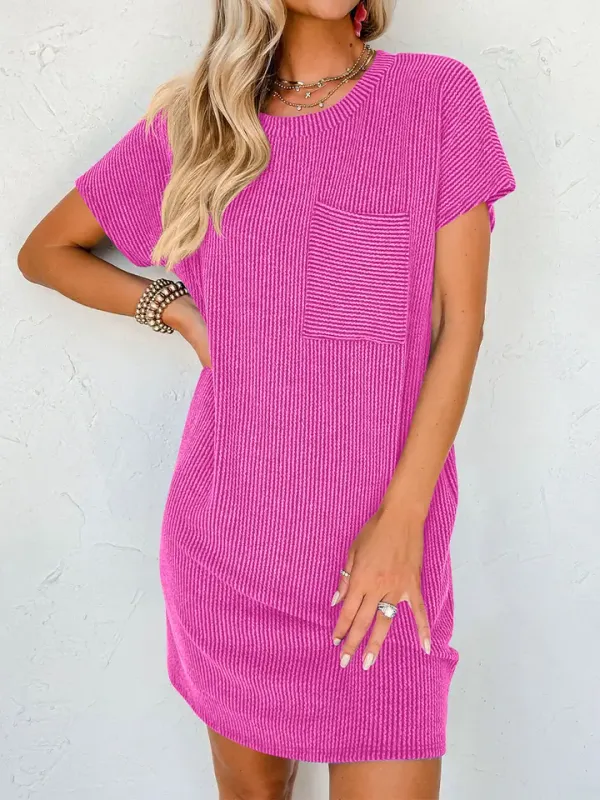 COLOR CONTRAST WAVY STRIPED SHORT SLEEVE DRESS
