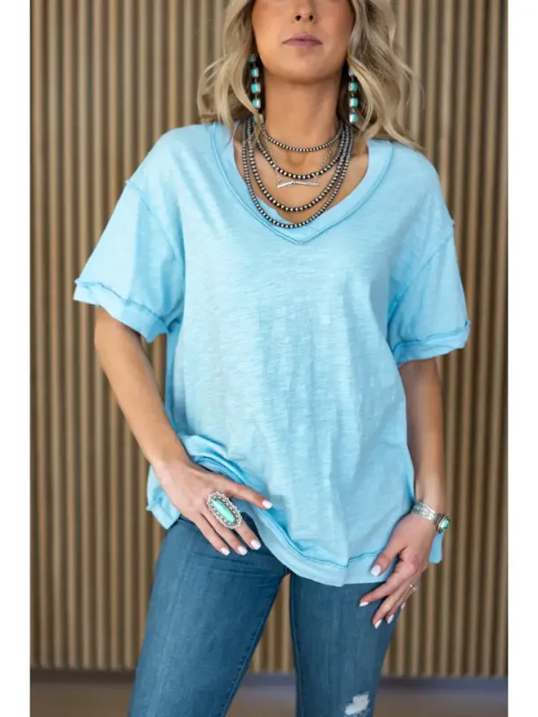 Raw Edge Detail Cotton V Neck Top