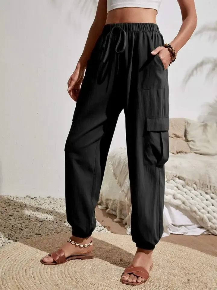 Wash water crepe pocket casual cargo pants