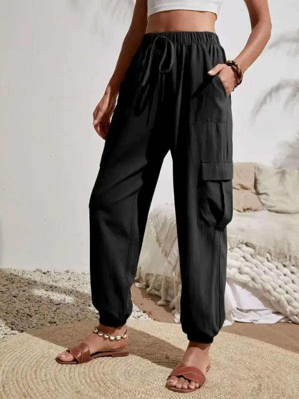 Wash water crepe pocket casual cargo pants