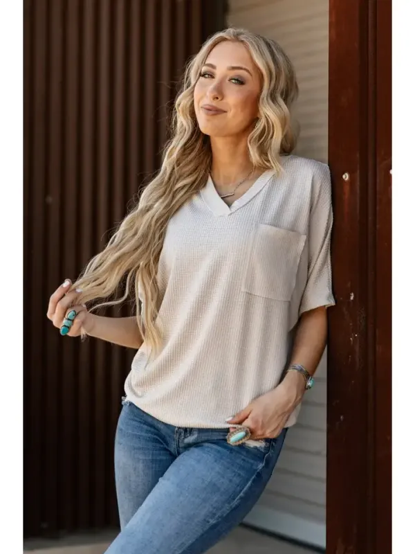 Two Tone Waffle V-Neck Dolman Sleeve Top