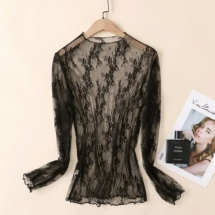 Sexy Mesh Blouse - Long Sleeve Lace Top