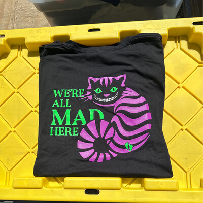 PJA/T-shirt Black Cheshire Cat “We’re All Mad Here” With PJA Patch On Front