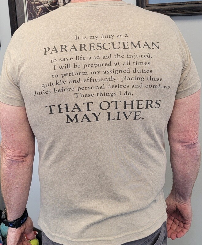 Tan tee w/ Pararescue Creed