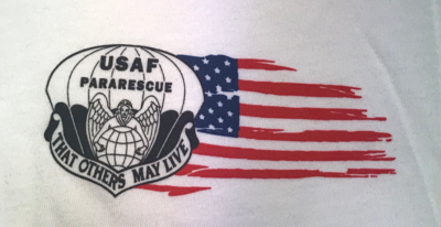 pja/ T-Shirt White with ParaRescue Flash and Tattered Flag left chest. PJ Association “Guardian Angel” on back