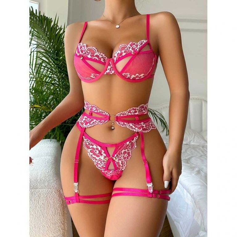 BRA SET SS5222 LACE TRIM PINK, Size: Small