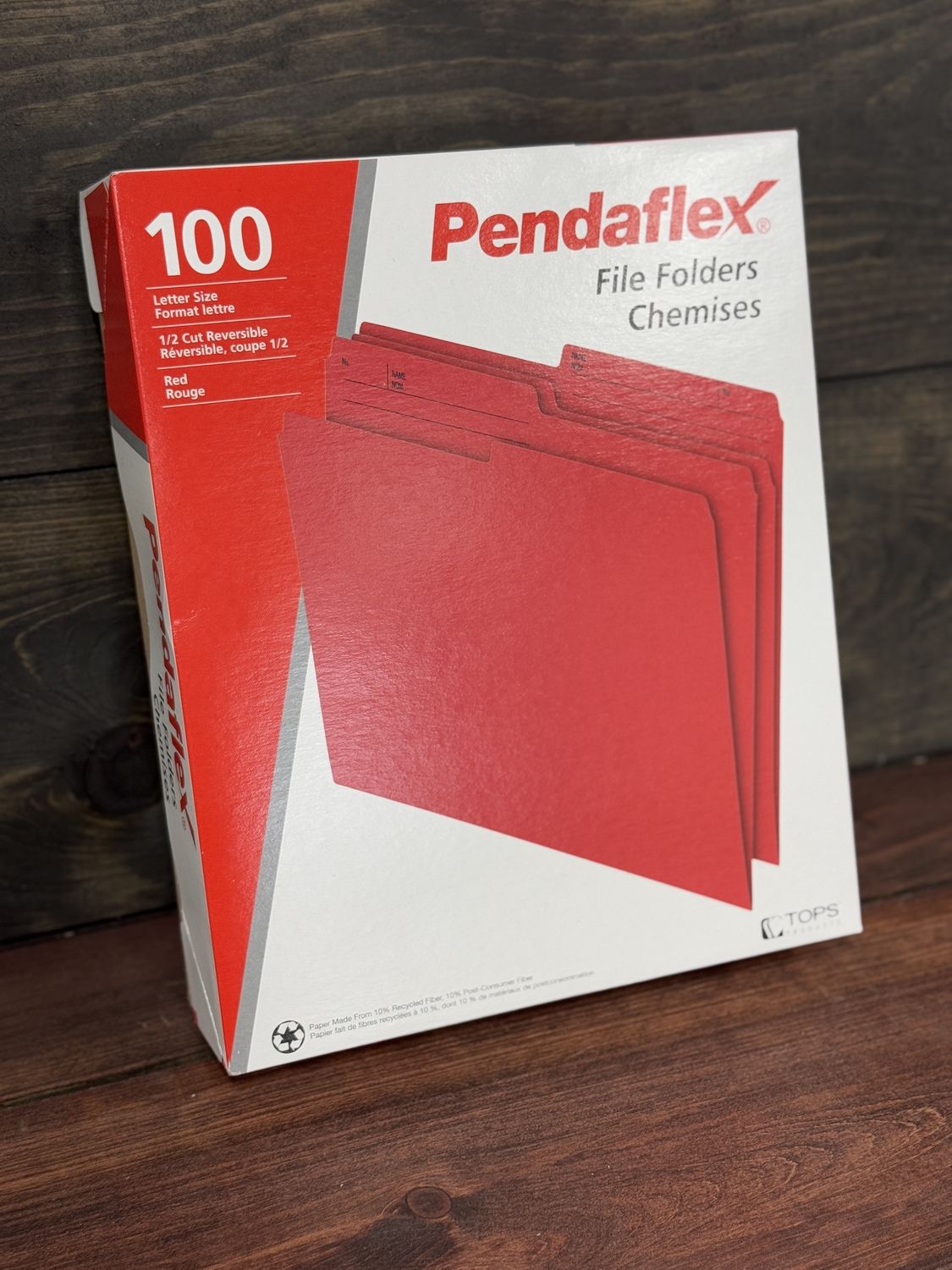 Pendaflex 1/2 Tab Cut Letter, Red File Folders, 8 1/2" x 11", Box of 100