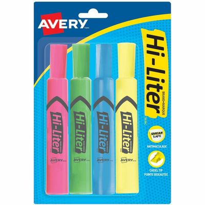 Avery Hi-Liter, Chisel Tip, Yellow, Blue, Green, Pink, Pack of 4