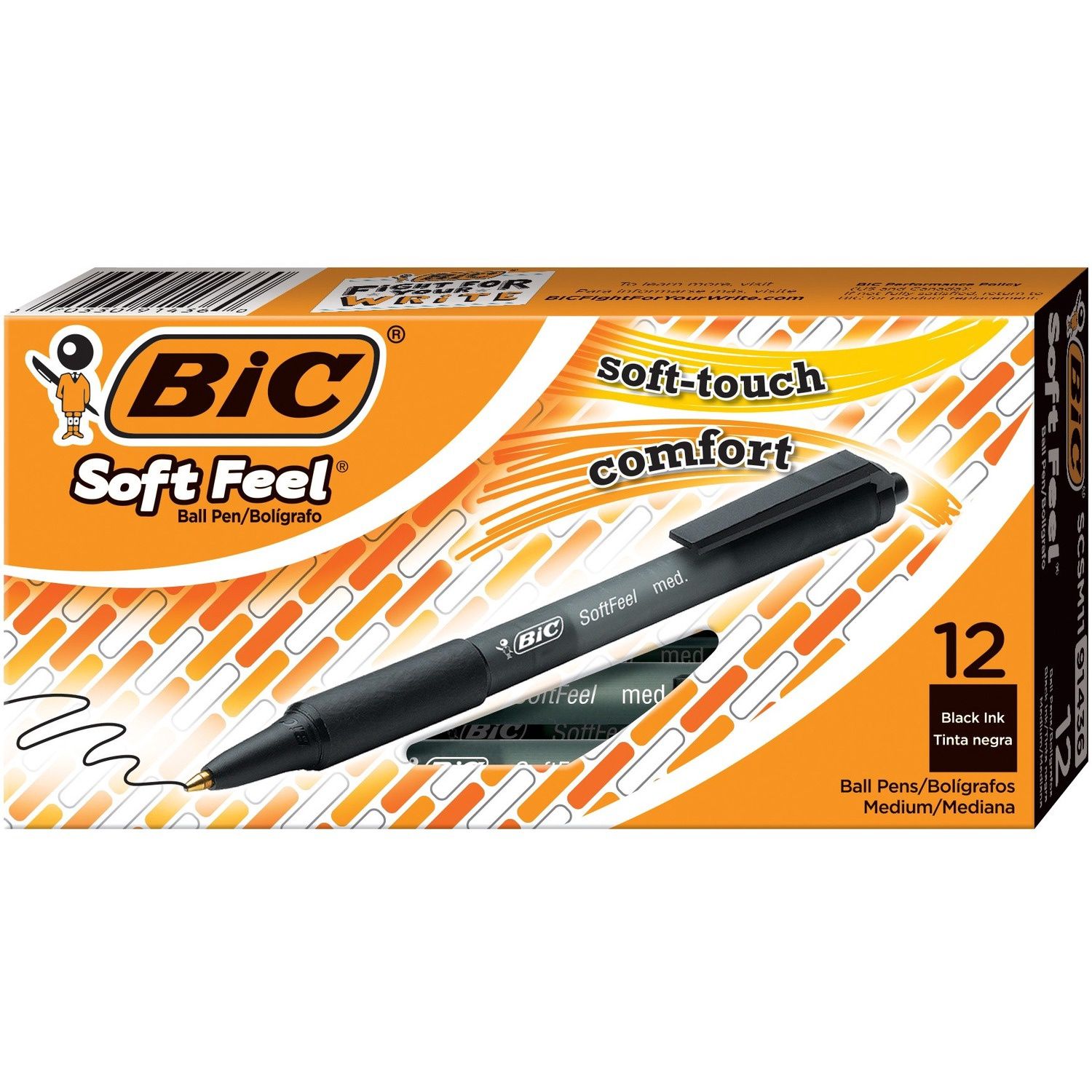BIC SoftFeel Retractable Ball Pens, Medium, Black, Box of 12