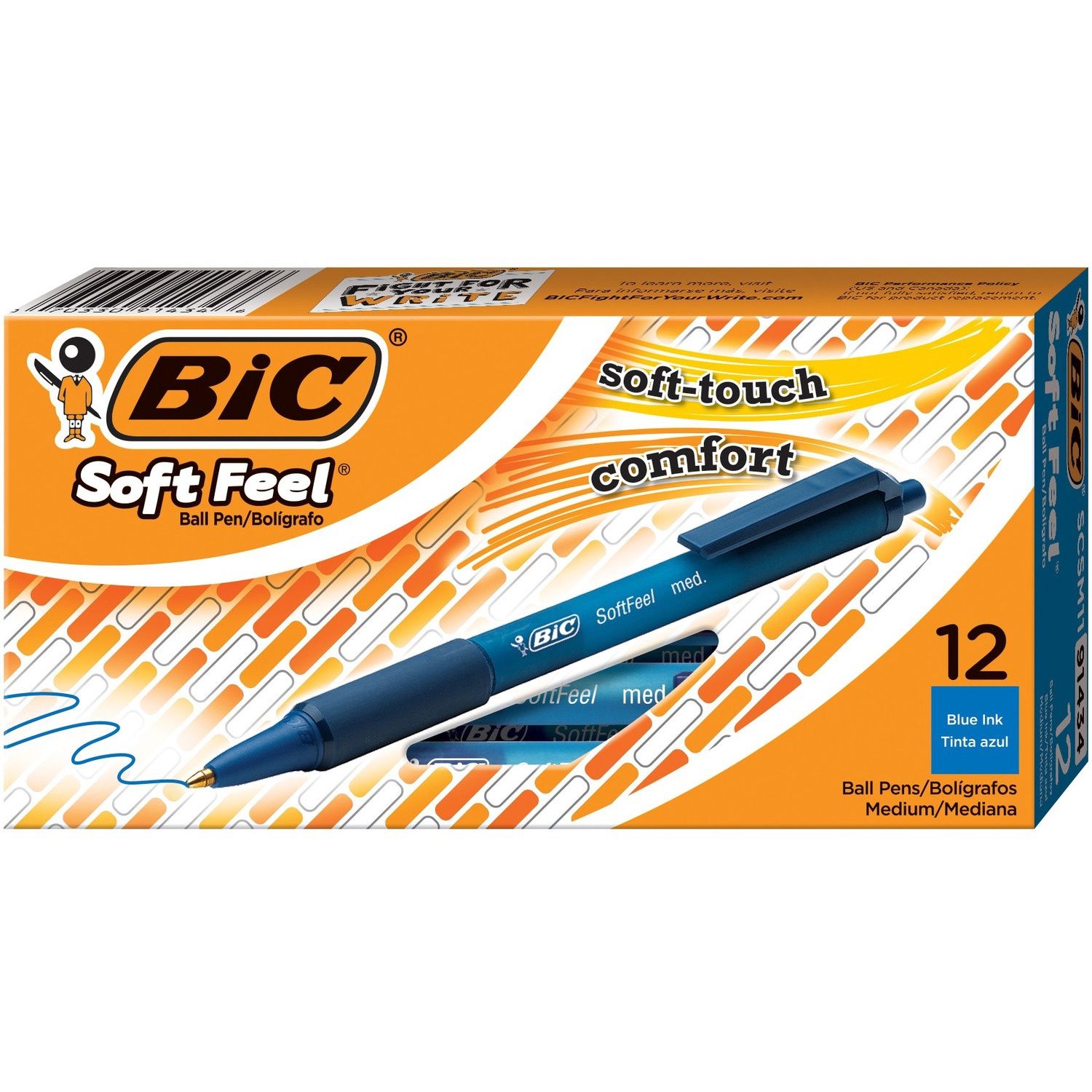BIC SoftFeel Retractable Ball Pen, Medium, Blue, Box of 12