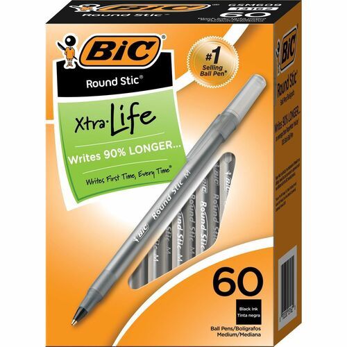 BIC Round Stic Ballpoint Pens, Medium, 1.0 mm, Black, Box of 60