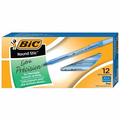 BIC Round Stic Ballpoint Pens,  Fine , Blue, Box of  12