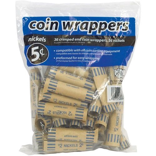 Paper Tube Coin Roll Wrappers, Nickels, 36 Pack