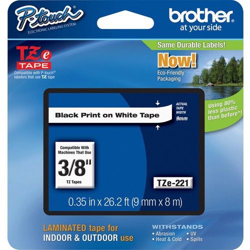 P-touch TZe Laminated Tape Cartridges, 9mm, 3/8",  Black Print On Clear Tape