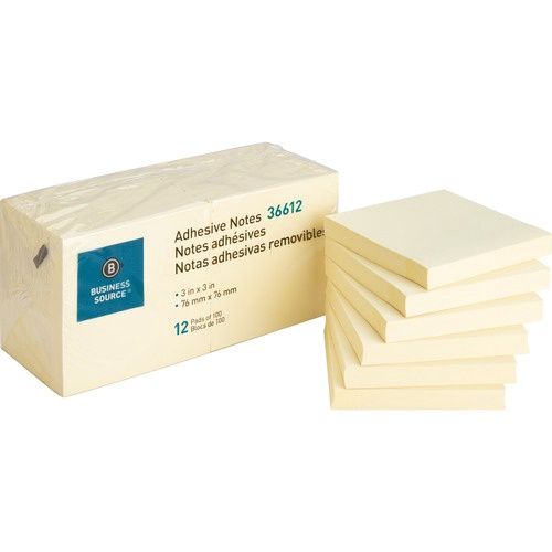 Adhesive Post It Notes, 3" x 3", Yellow, Pack of 12