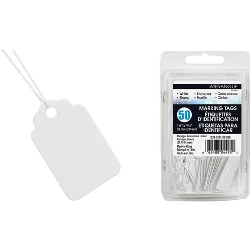 Merangue Marking Tag With String Fastener, 1 1/2 x 15/16", White, Pack of 50