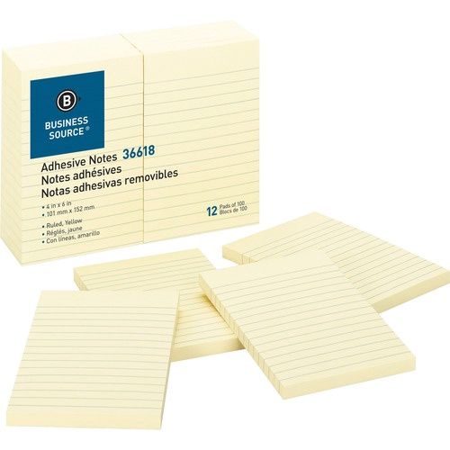 Business Source Ruled Adhesive Notes, 4" x 6", Ruled, 12 Pack