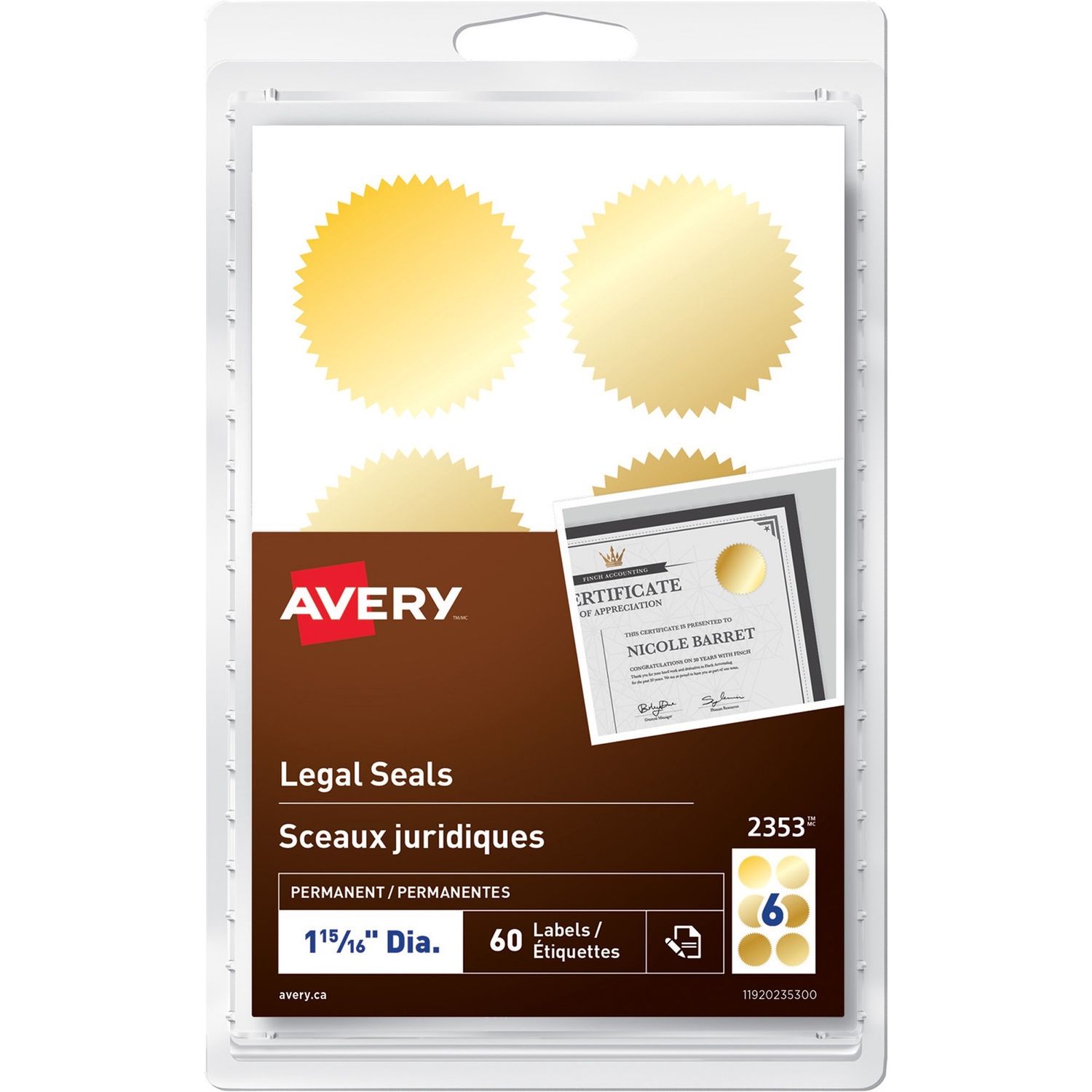 Avery Legal Seals, 1-15/16" Diameter, Gold, 60 Pack