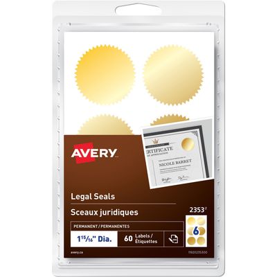 Avery Legal Seals, 1-15/16" Diameter, Gold, 60 Pack