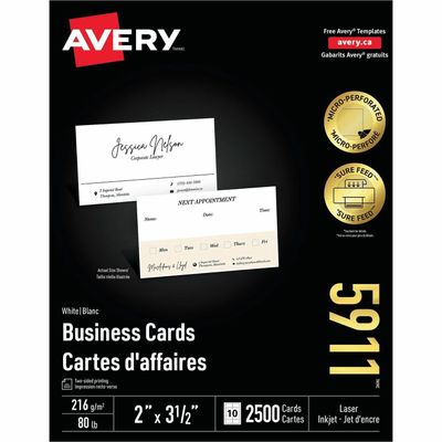 Avery Laser Business Cards 5911, White, 2" x 3 .5", Box of 2500