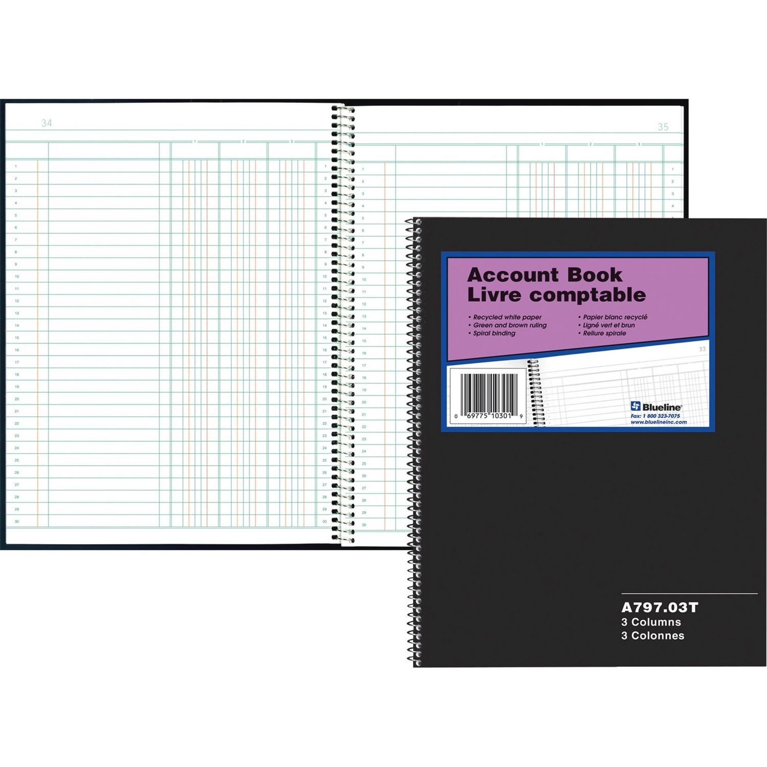 Blueline Account Book, 100 Sheets, Spiral Bound, 8" x 10 1/4", 3 Columns