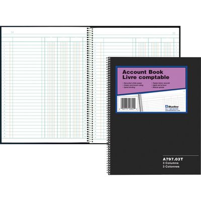Blueline Account Book, 100 Sheets, Spiral Bound, 8" x 10 1/4", 3 Columns