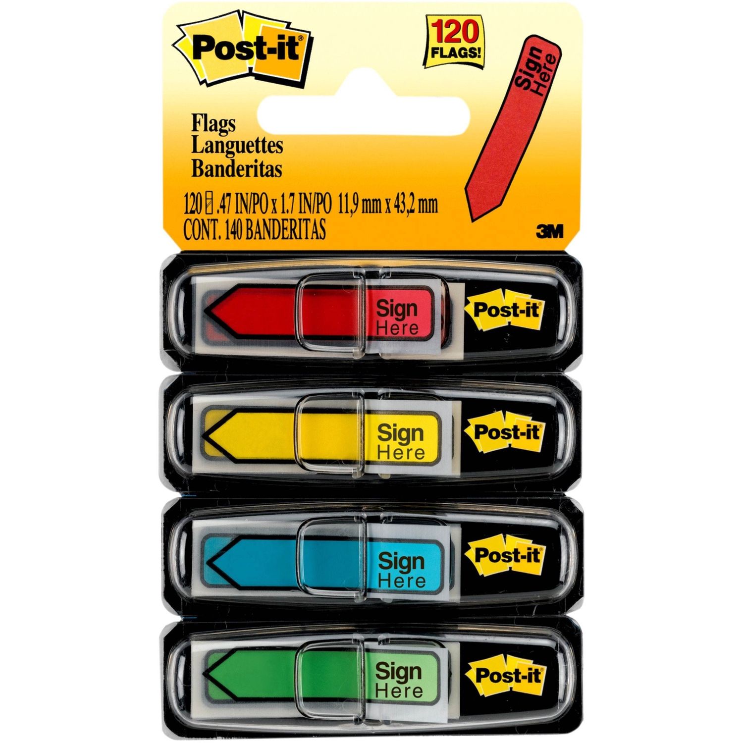 Post-it Sign Here Arrow Flags,  30 x Yellow, 30 x Blue, 30 x Red, 30 x Green - 0.50" x 1.75