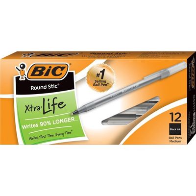 BIC Round Stic Ballpoint Pens, Medium, Black, Box of 12