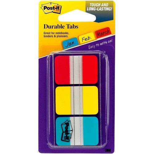 Post-it Durable Tabs, 1", Red, Yellow, Blue, Pack of 66