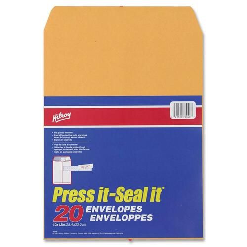 Hilroy Press-It Seal-It Kraft Adhesive Envelopes, 10 x 13", Pack of 20