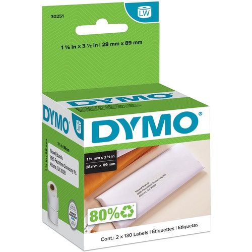 Dymo White Address Labels, 3 1/2" x 1 1/8", 2 Rolls, 130 each