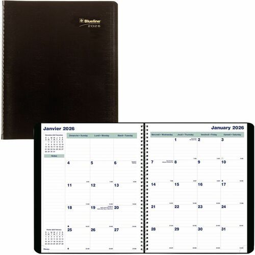 Blueline 16-Month Monthly Planner, 11"x 9-1/16" Bilingual, Black, 2026