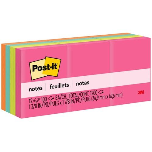 Post-it Notes, Cape Town Collection, 1 3/8" x 1 7/8", 100 Per Pad, Self adhesive, Repositionable, 12 Pack