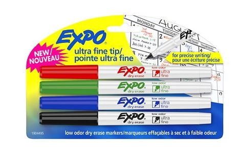 Expo Low Odour Dry-Erase Markers, Ultra Fine, Assorted Colours, 4 Pack