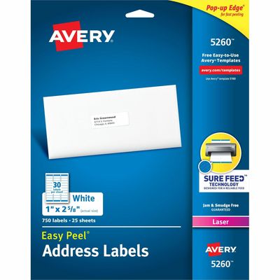 Avery 5260 Labels, 1" X 2 5/8", 30 Labels Per Sheet, 750 Labels