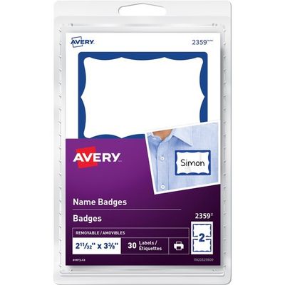 Avery Name Badge Labels, Blue, 2 11/32" x 3 3/8",  Removable, Pack of 30