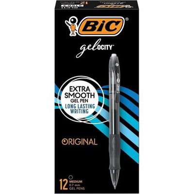 BIC Gel Retractable Pens, Gelocity, Medium , 0.7 mm, Black, Box of 12